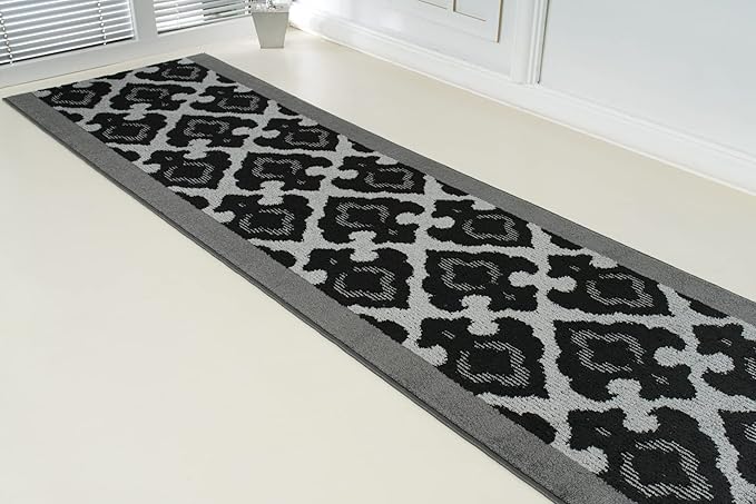 Custom Length Cut to Size Fleur de Lis Inspired Carpet Runner Rug for Hallways, Non Slip Rubber Backed, 31 inch Wide X Customized Length, Royal Grey, 31 inch X 20 feet