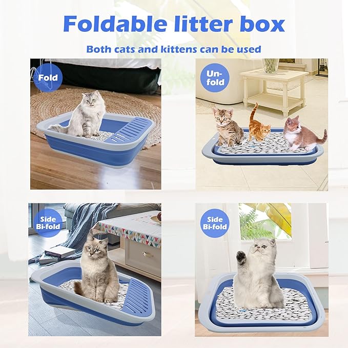 Collapsible Small Cat Litter Box,Open Top Cats Litter Pan with Scoop Foldable Shallow Kitten Potty Toilet Waterproof Cat Travel Litterbox Anti-Splashing Low Entry Semi-Enclosed Easy Clean(Blue)-Mewly Pet