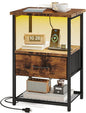 Fixwal Night Stand with Charging Station, LED Nightstand with Fabric Drawers, End Table with PU Finish, Bedside Table, Rustic Brown