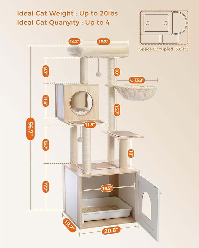 Tall Cat Tree with Litter Box Enclosure 56.7" Wooden Cat Tower for Large Cats with Cat Hammock House Bed (Wood Beige)-Mewly Pet