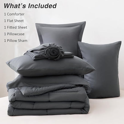 Love's cabin Twin XL Comforter Set Soot Grey, 5 Pieces Twin XL Bed in a Bag, All Season Bedding Sets with 1 Comforter, 1 Flat Sheet, 1 Fitted Sheet, 1 Pillowcase and 1 Pillow Sham