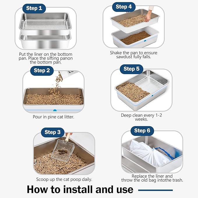 Stainless Steel Sifting Litter Box with Lid, Metal Litter Pan with Scoop for Big Cats Multi Cat, Extra Large Cats Litterbox Odor Control Easy Clean (23*15.4*6.9inch-Without Enclosure, X-Large)-Mewly Pet