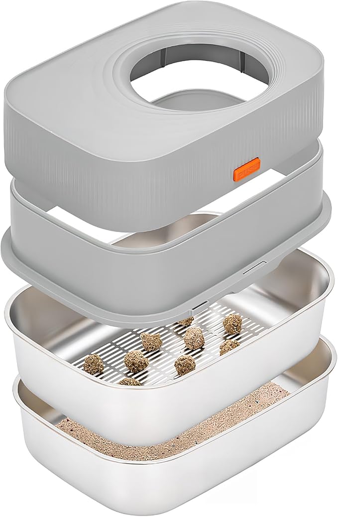 Stainless Steel Sifting Litter Box with Lid, Metal Litter Pan with Scoop for Big Cats Multi Cat, Extra Large Cats Litterbox Odor Control, Easy Clean (23*16.5*16.5inch-with Enclosure, X-Large)-Mewly Pet