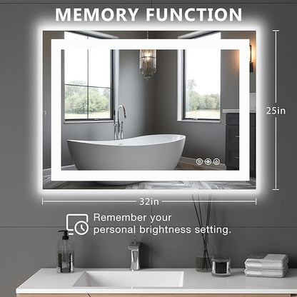 DUMOS 32"x 25" LED Bathroom Mirror with Lights, Anti-Fog Front Lit Backlit Lighted Wall Mounted Mirrors with Memory Function for Vanity, Makeup