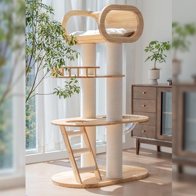 63.6'' Modern Cat Tree Indoor, Solid Wood Cat Tree with Scratching Post for Multi-Cat Families, Tall Cat Tower with Auxiliary Stairs, Huge Condo for Large Cats-Mewly Pet
