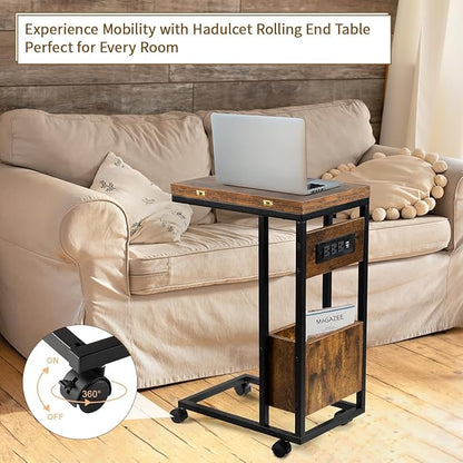 Hadulcet C Tables End Table Set of 2, C Shaped Side Table with Charging Station, Folding Table TV Trays for Eating, Couch Tables That Slide Under, Small End Table Snack Tables, Rustic Brown