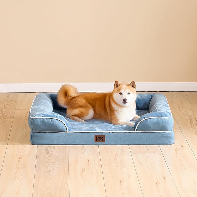 EHEYCIGA Orthopedic Dog Bed for Medium Dogs, Waterproof Memory Foam Medium Dog Beds with Sides, Non-Slip Bottom and Egg-Crate Foam Pet Couch Bed with Washable Removable Cover, Washed Blue-Mewly Pet