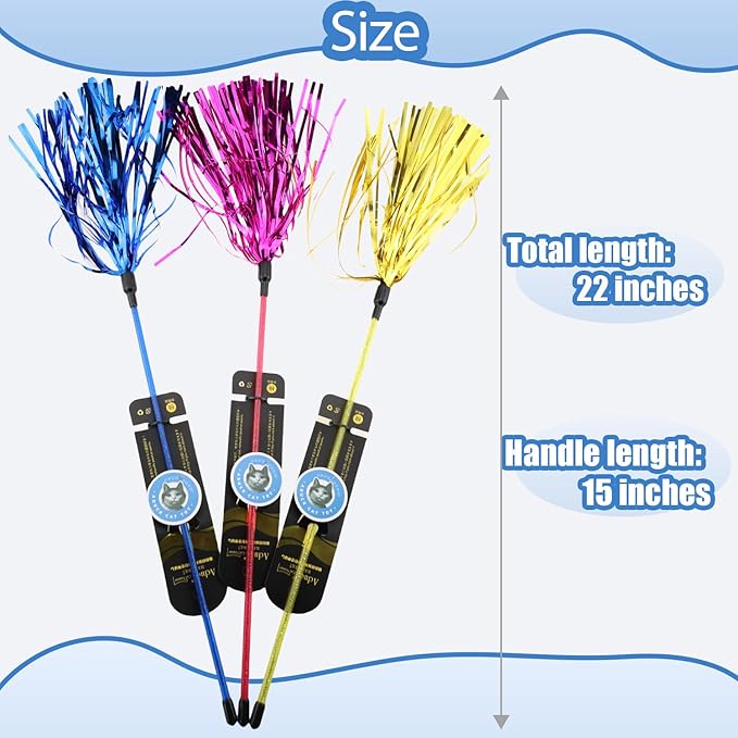 ADUCK Interactive Cat Teaser Wand Toy with Tassels - Durable Cat Chaser for Indoor Kitten Exercise, Boredom Relief & Training Play, Pack of 3 (Gold, Blue, Pink)-Mewly Pet