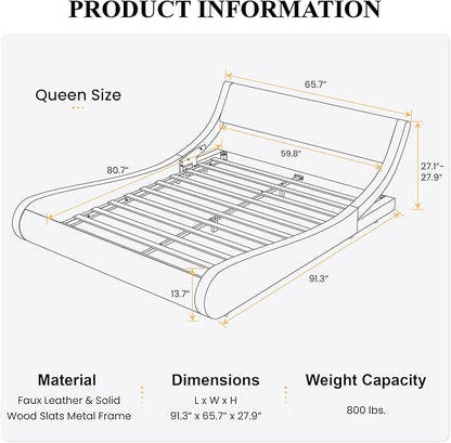 SHA CERLIN Modern Low Profile Platform Bed Frame Queen Size, Stylish Faux Leather Upholstered Sleigh Bed with Adjustable Headboard, No Box Spring Needed, Glossy Black
