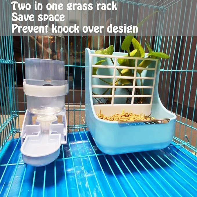 HERCOCCI PET Feeder and Water Bottle Set, Large Blue (500ml), Durable Hay Food Bin Feeder, Food Bowl, Gravity-Fed Water Dispenser for Rabbit, Guinea Pig, Chinchilla-Mewly Pet