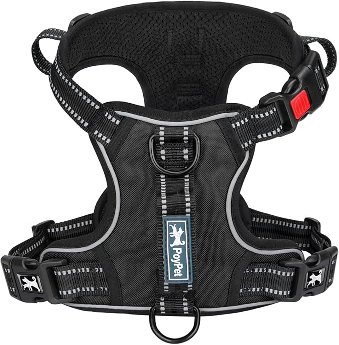 PoyPet No Pull Dog Harness, No Choke Front Clip Reflective Dog Vest with Soft Padded Vertical Handle, 3 Leash Attachments for Small Medium Large Dogs (Black,L)-Mewly Pet