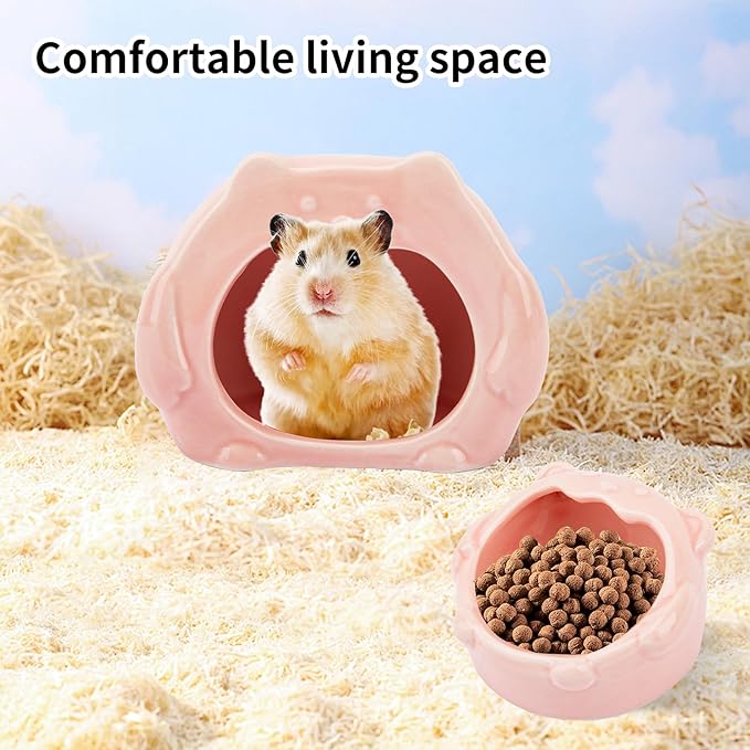 Bear-Shaped Hamster Hideout & Food Bowl Set - Ceramic Habitat for Syrian Dwarf Hamsters, Mice, Gerbils - All-Season Use, Chew-Proof Ceramic House and Feeding Dish for Small Pets(Pink)-Mewly Pet