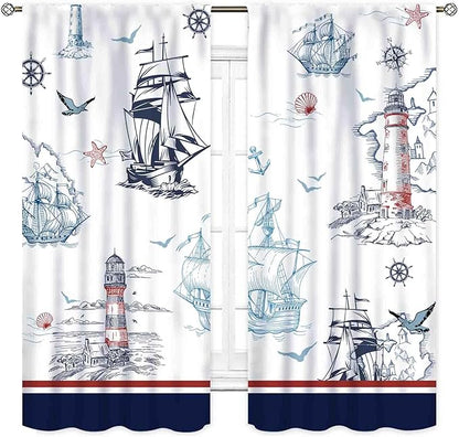 Nautical Curtains, Vintage Marine Coastal Sailboat Compass Anchor Ocean Beach Lighthouse Watercolor Blue Decorative Drapes for Bedroom Living Room Kitchen Bathroom Window 2 Panels, 42"x54" Inch