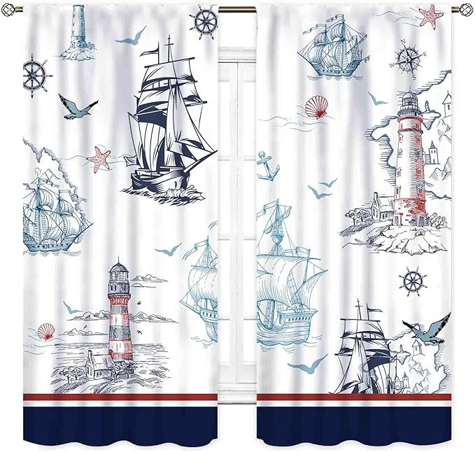 Nautical Curtains, Vintage Marine Coastal Sailboat Compass Anchor Ocean Beach Lighthouse Watercolor Blue Decorative Drapes for Bedroom Living Room Kitchen Bathroom Window 2 Panels, 55"x63" Inch