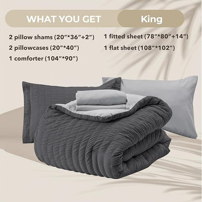 HYMOKEGE Dark Grey/Light Grey King Size Comforter Set Seersucker 7 Pieces, All Season Luxury Bed in a Bag for Bedroom, Bedding Set with Comforter, Sheets, Pillowcases & Shams