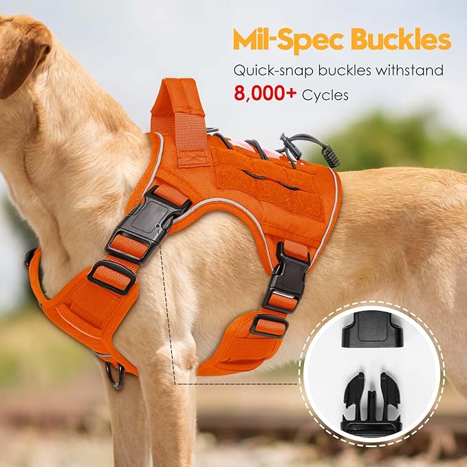 Heavy-Duty Tactical Dog Harness for Large Dogs, No Pull Adjustable Reflective Pet Vest with Molle System, K9 Military-Grade Control for Service Training, Outdoor & 10+ Breeds, Orange, Large-Mewly Pet