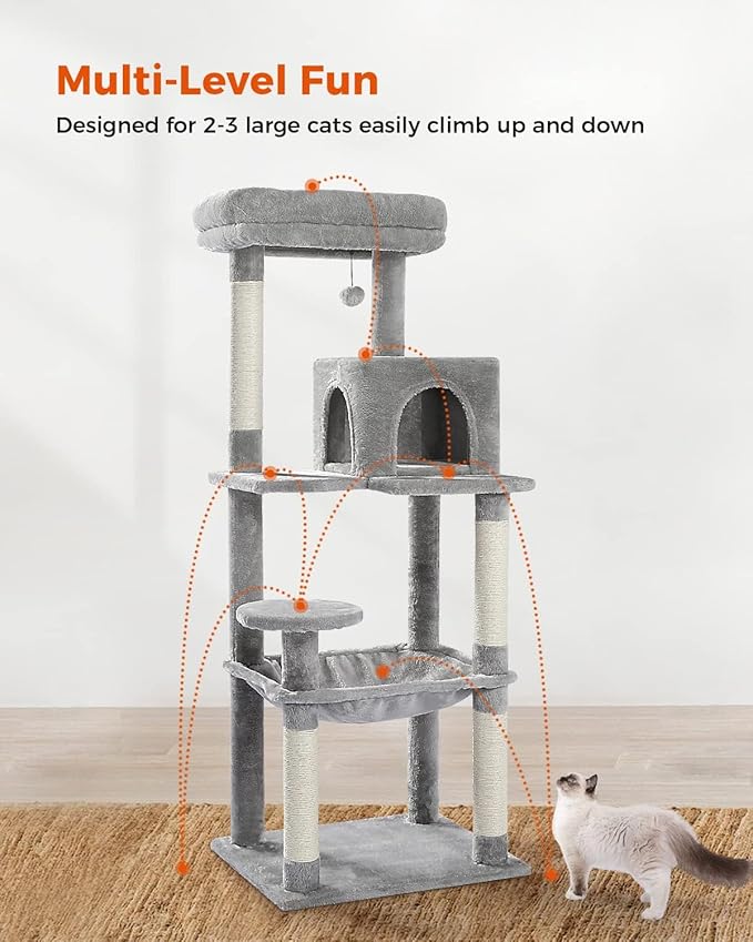 PETEPELA 56.3'' Tall Cat Tree for Indoor Cats, Multi-Level Cat Tower with Super Large Hammock (20''X16''), Sisal Covered Scratching Posts, Cozy Condo and Top Perch Grey-Mewly Pet