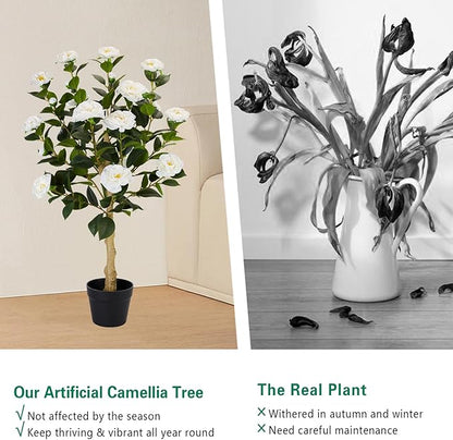 3FT Artificial Camellia Tree, 1 Pcs Fake Camellia Tree Artificial Tree, Faux Floral Plants in Cement Pot, Greenery Potted Plant for Indoor Outdoor Home Office Porch Decor (White)