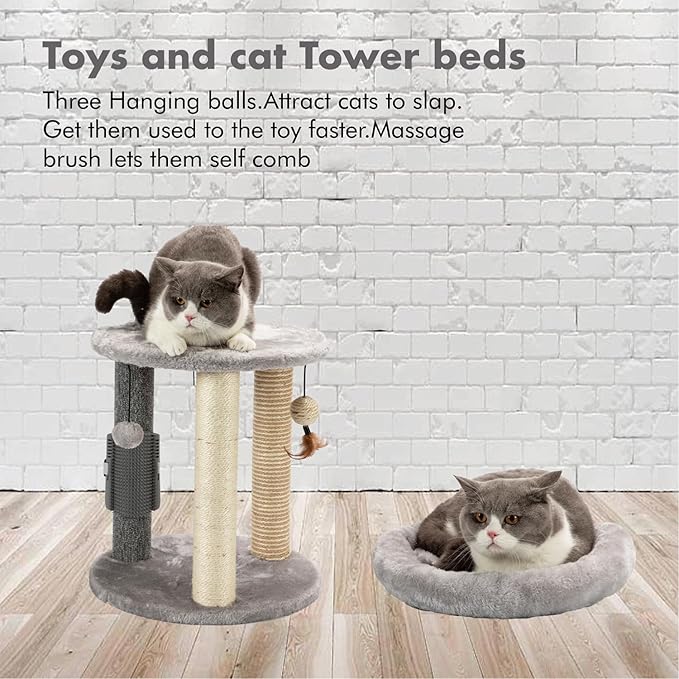 MECOOL 4in1 Small Cat Tree,Scratching Post with Tower Soft Bed, Sisal Carpet Jute Posts with Three Hanging Ball Toys and Massage Brush for Indoor Cats and Kittens-Mewly Pet