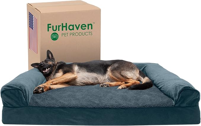 Furhaven Cooling Gel Dog Bed for Large Dogs w/ Removable Bolsters & Washable Cover, For Dogs Up to 125 lbs - Sherpa & Chenille Sofa - Orion Blue, Jumbo Plus/XXL-Mewly Pet