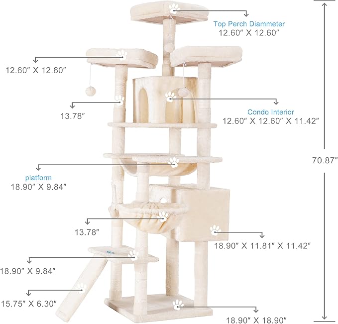 Hey-brother Cat Tree, 71 inches XL Large Cat Tower for Indoor Cats, Multi-Level Cat House with 3 Padded Perches, Big Scratcher, Cozy Basket, 2 Cat Condos and Scratching Posts, Beige MPJ034M-Mewly Pet