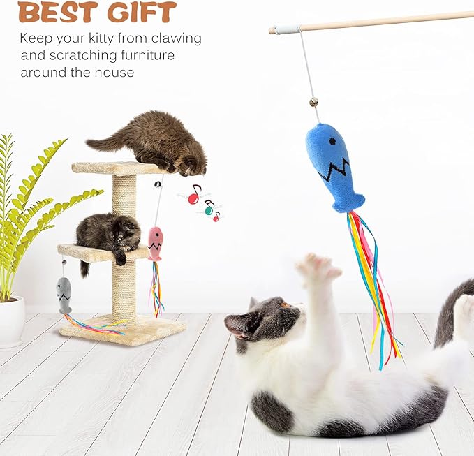 Natural Wood Cat Wand Toy with Ribbon Fish Teaser - 3pcs, 16 Inch, Indoor Cat Exerciser & Playing Kitten Toy, Bonus 5pcs Catnip Sticks for Teeth Cleaning-Mewly Pet