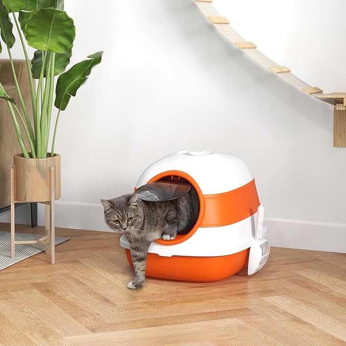 PawHut Cat Litter Box with Lid, Covered Litter Box w/High Sides, Air Freshener, Large Two-Way Entrance Kitty Toilet, Foldable, Easy Clean, Orange-Mewly Pet