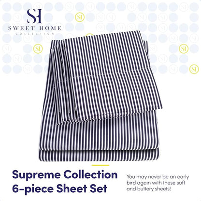 Cal King Size Bed Sheets - 6 Piece 1500 Supreme Deluxe Collection Deep Pocket Ultra Soft California King Sheet Set Bedding - 2 Extra Pillow Cases, California King, Classic Stripe Navy
