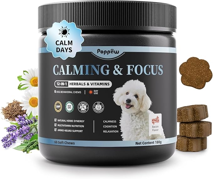 Calming Chews for Dogs – Calming Treats for Anxiety, Stress, Separation, Travel&Thunder, Relaxation & Focus Support with L-Theanine, Valerian Root, Chamomile & Ashwagandha, Bacon Flavor, 60Ct-Mewly Pet