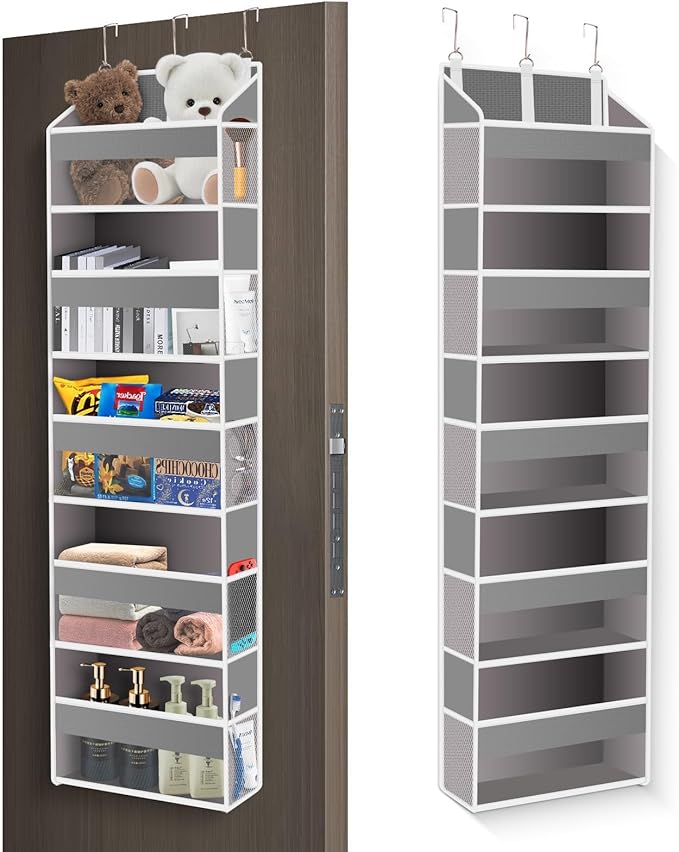 Over The Door Organizer Closet,5 Bins 10 Side Pockets,Hanging Organizer,Anti Tilt 44 lbs Load Organizers and Storage with Clear Window for Bedroom,Nursery,Rv,Bathroom,Camper(Light Grey)