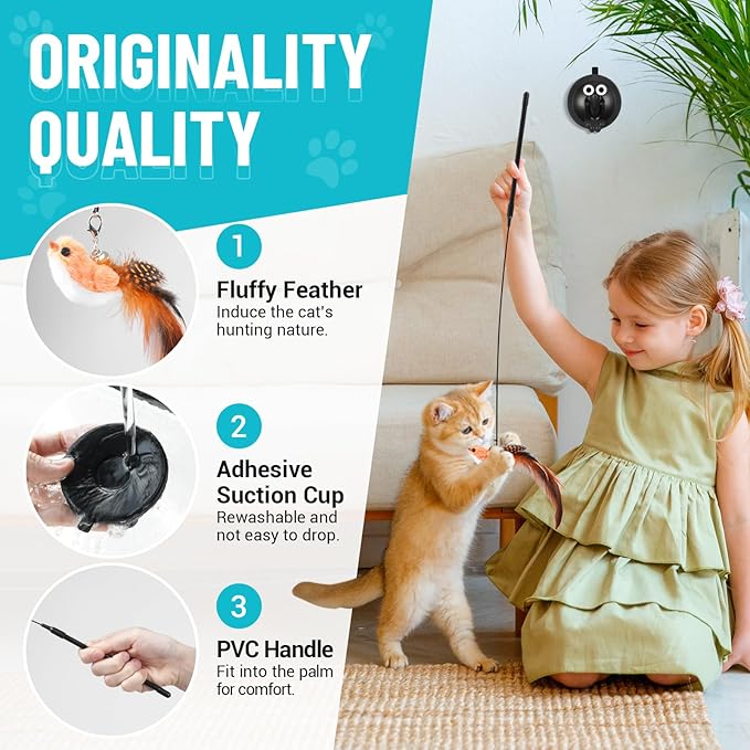 ROSAUI 11-Pack Cat Toy Set with Suction Cup Base and Wire Teasers – Interactive Bird and Feather Attachments with Yarn Balls for Cats and Kittens – Indoor Cat Fun and Exercise-Mewly Pet