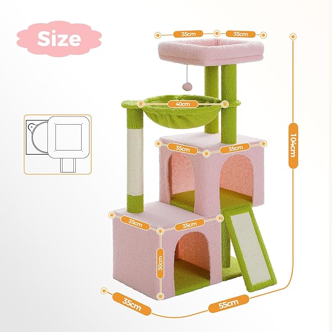 PAWZ Road Large Cat Tree, 41 Inches Multi-Level Cat Tower with 2 Spacious Condos for Large Indoor Cats, Pink Flower Cat House with Comfy Hammock, Padded Perch, Scratching Pad and Replaceable Balls-Mewly Pet