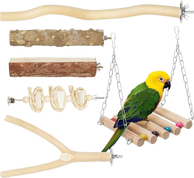 Bird Perches for Cage 6pcs Natural Bird Stand Branch for Cage with Hanging Bridge, Parrot Swing Toys Chewing Climbing Standing Branches Wood Pole Paw Grinding Fork Parakeet Platform-Mewly Pet