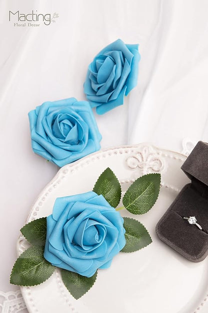 MACTING Artificial Flower Roses 30PCS Real Touch Fake Foam Roses with Stem Fake Flowers for DIY Wedding Bridal Bouquets Party Baby Shower Home Indoor Outdoor Spring Mothers Day Decor(Dark Teal Blue)