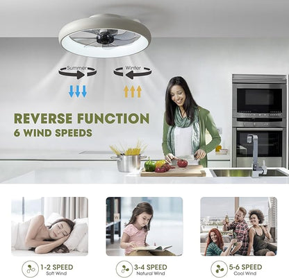 Ceiling Fans with Lights and Remote, 20'' Low Profile Flush Mount, 6 Wind Speeds, Modern Dimmable LED Ceiling Fan, Smart Ceiling Fan for Bedroom, Kids Room (White)