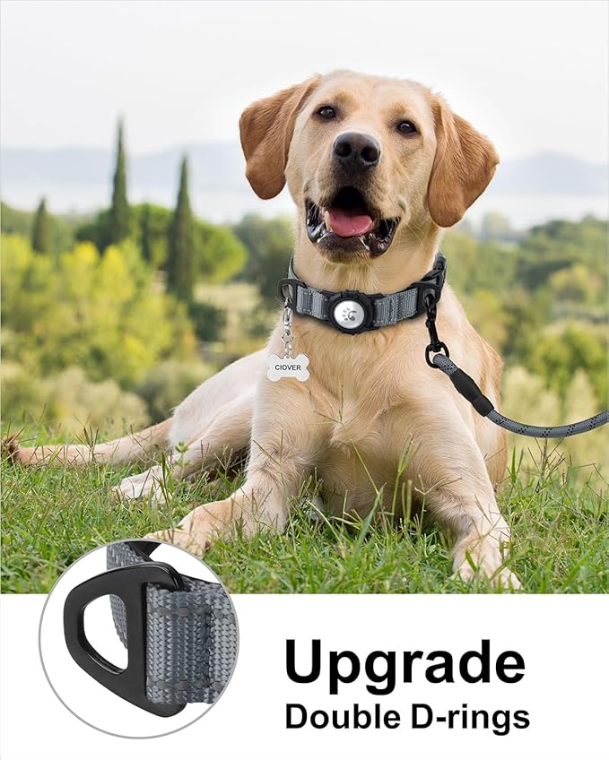 TagME Airtag Dog Collar,Waterproof Reflective Pet Collar with Airtag Holder,Soft Padded and Double D-Rings for Extra Large Dogs,Grey-Mewly Pet