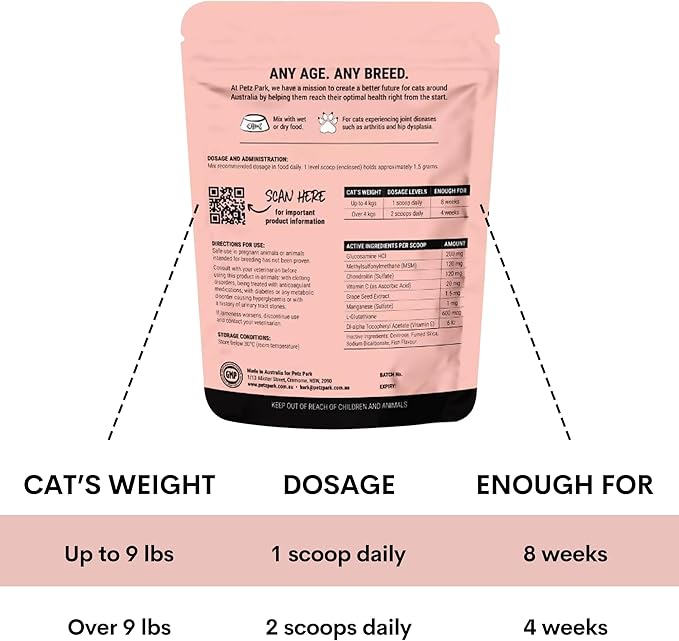 Hip and Joint Supplement for Cats - Glucosamine, Chondroitin, MSM for Joint Hip Care, Arthritis Pain Relief, Mobility Support, Cartilage Health, Inflammation Reduction - Senior Cat Support, 60 Scoops-Mewly Pet