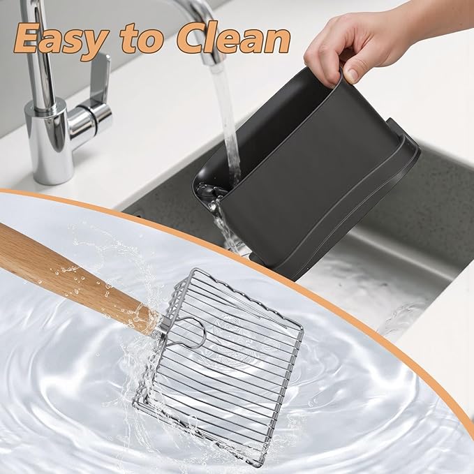 Metal Cat Litter Scoop with Holder, Poop Scooper with Stand and 2 Rolls of Garbage Bags, Heavy Duty Stainless Steel Shovel with Wooden, Quick Sifter for Easy Cleaning (Long handle-9.8" with Holder)-Mewly Pet