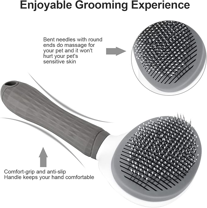 Depets Self Cleaning Slicker Brush, Dog Cat Bunny Pet Grooming Shedding Brush - Easy to Remove Loose Undercoat, Pet Massaging Tool Suitable for Pets with Long or Short Hair Gray-Mewly Pet
