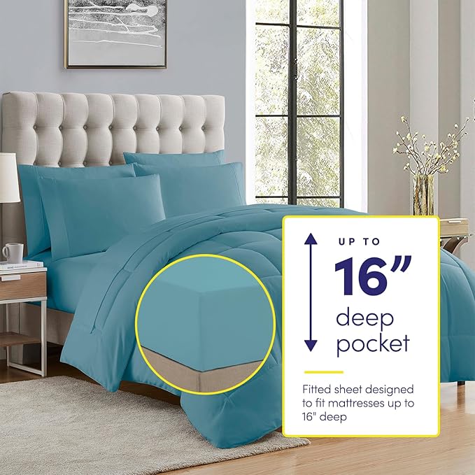 Sweet Home Collection 7 Piece Comforter Set Bag Solid Color All Season Soft Down Alternative Blanket & Luxurious Microfiber Bed Sheets, Misty Blue, Queen