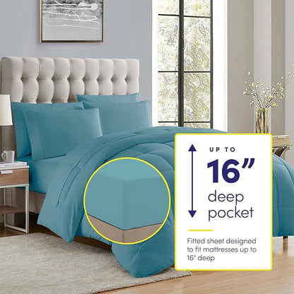 Sweet Home Collection 5 Piece Comforter Set Bag Solid Color All Season Soft Down Alternative Blanket & Luxurious Microfiber Bed Sheets, Misty Blue, Twin XL