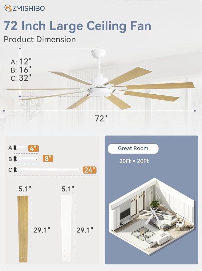 ZMISHIBO 72 inch White Ceiling Fans with Lights and Remote, Indoor/Outdoor Ceiling Fan for Patio Living Room, 6 Speed Reversible Quiet DC Motor, 3 CCT, Dual Finish Blades
