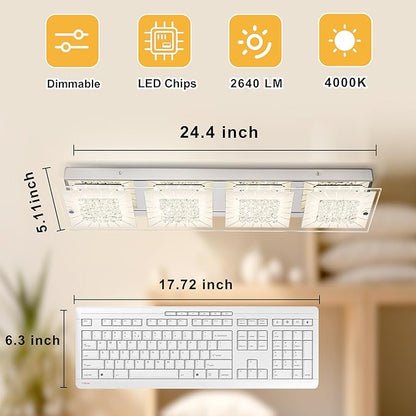 Flush Mount Ceiling Light Crystal Ceiling Light Fixture 24IN Long Rectangle Lighting Fixtures Ceiling Dimmable LED Ceiling Lights for Kitchen, Bathroom, Hallway, Living Room