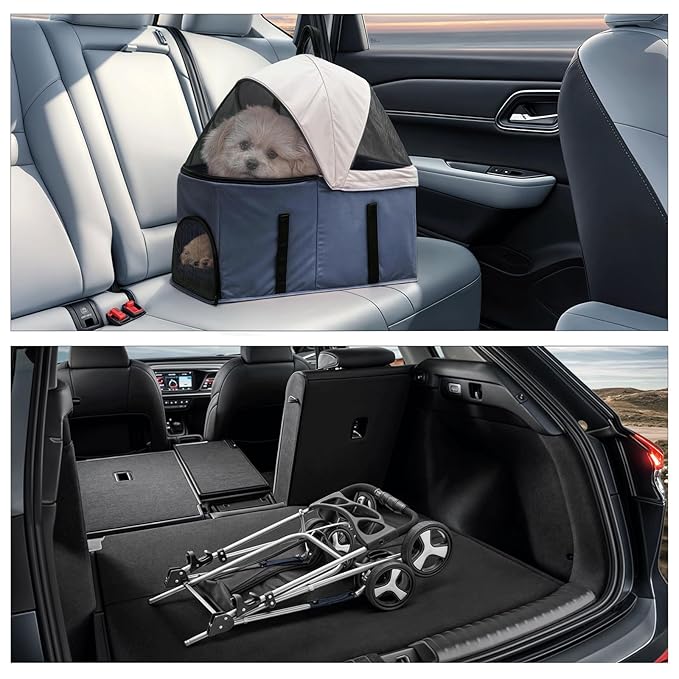 MoNiBloom 3 in 1 Foldable Pet Stroller for Small & Medium Dogs, Detachable Carrier, Car Seat, Push Button Entry, 4-Wheel Jogger for Pets up to 33 lbs, Navy Blue-Mewly Pet