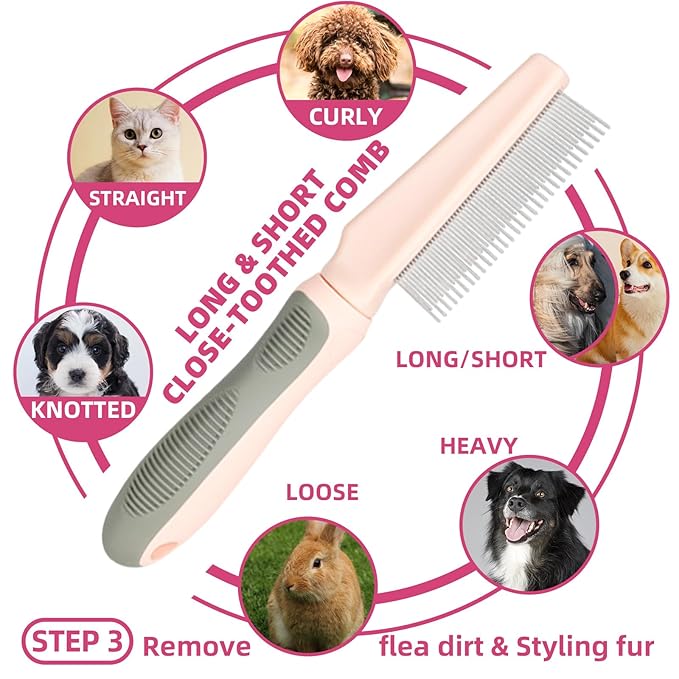 Pet Grooming Kit - 7 PCS Deshedding Brush Set with Slicker, Undercoat Rake, Bath Brush & Nail Clipper for Short & Long Haired Dogs, Cats (Pink)-Mewly Pet