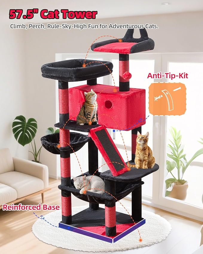 Taoqimiao Gothic Cat Tree 57.5-Inch, Cat Tower for Indoor Cats Large Adult, Extra Large Cat Condo, 8 Sisal Scratching Posts, Metal Frame Cozy Hammock, Durable Scratch Board, 2 Top Perches, MS026BR-Mewly Pet