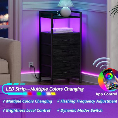 Furnulem Night Stand with Charging Station, Black Nightstand with Drawers and Led Light, Tall Dresser for Bedroom, Bedside Table with Fabric Storage Bins, Metal Frame, Wood Furniture