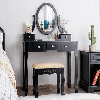 CHARMAID Vanity Table Set with Rotatable Oval Mirror, Bedroom Makeup Table with 5 Drawers for Women Girls, Dressing Table with Cushioned Stool (Black)