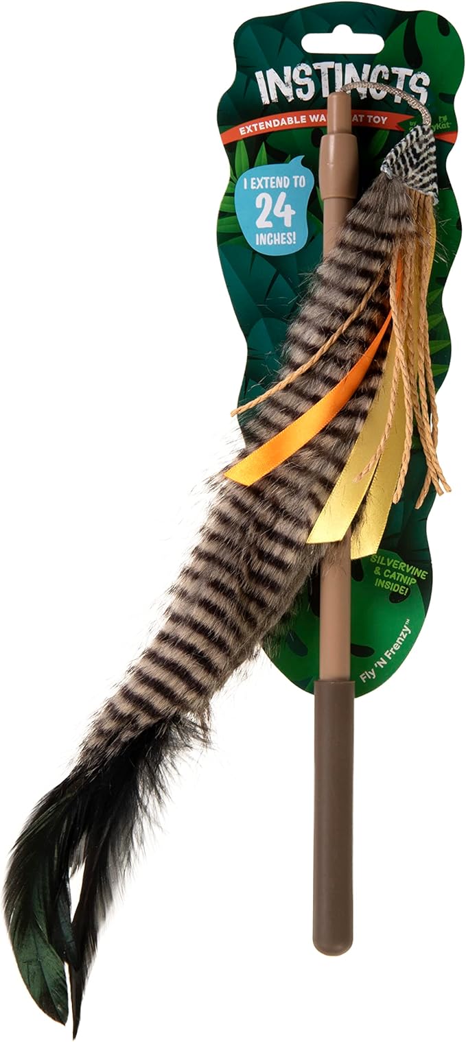 SmartyKat Instincts HappyNip Fly 'N Frenzy Extendable Wand Teaser Cat Toy, Contains Catnip & Silvervine - Brown, One Size-Mewly Pet