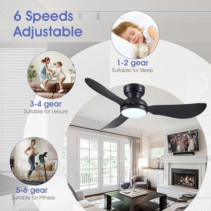 46 Inch Modern Ceiling Fans with Lights, Flush Mount Ceiling Fan with Remote/APP Control, 3 Reversible Curved Blades, 6 Speeds, 3 CCT Dimmable Lights for Bedroom Kitchen, Black